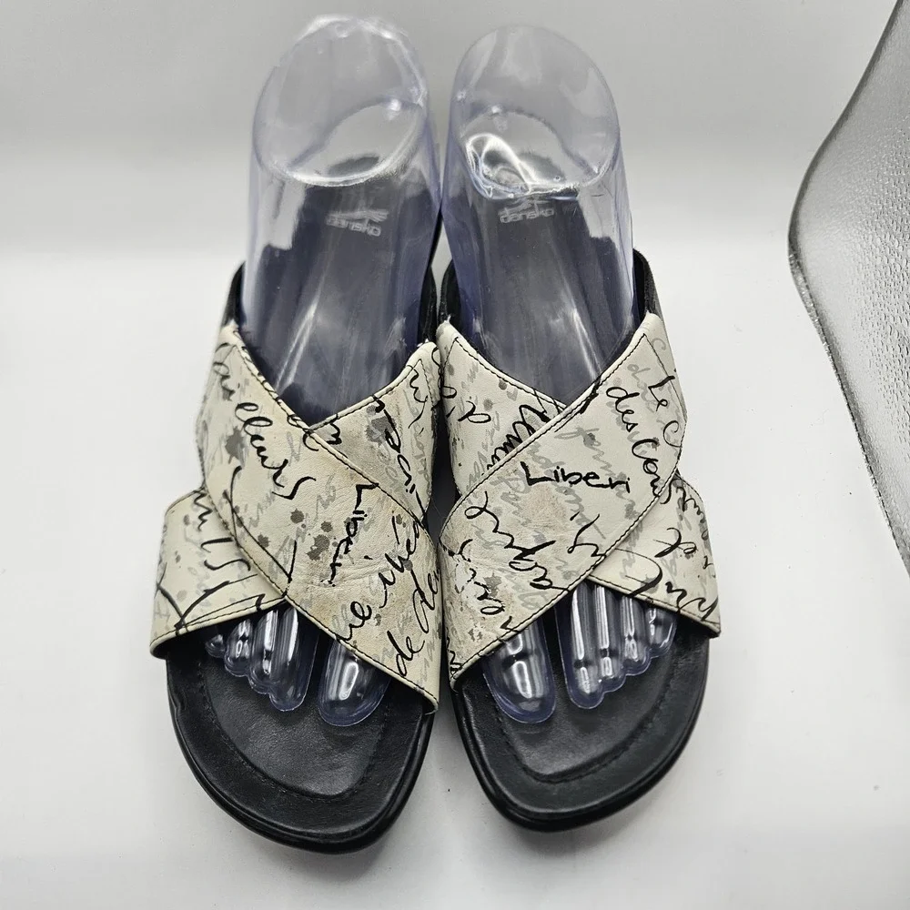 Dansko Ava French Script Criss-Cross Black Wedge Sandals Comfort Travel Size 9.5